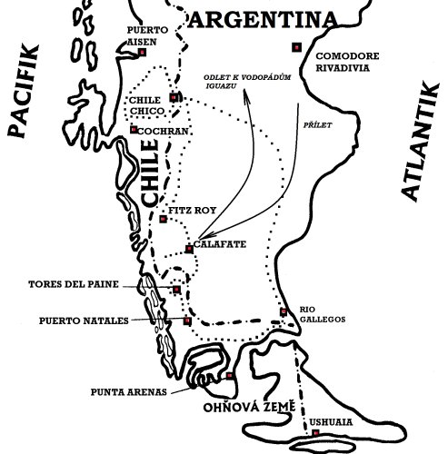 PATAGONIE - Chile, Argentina + Iguacu - mapka